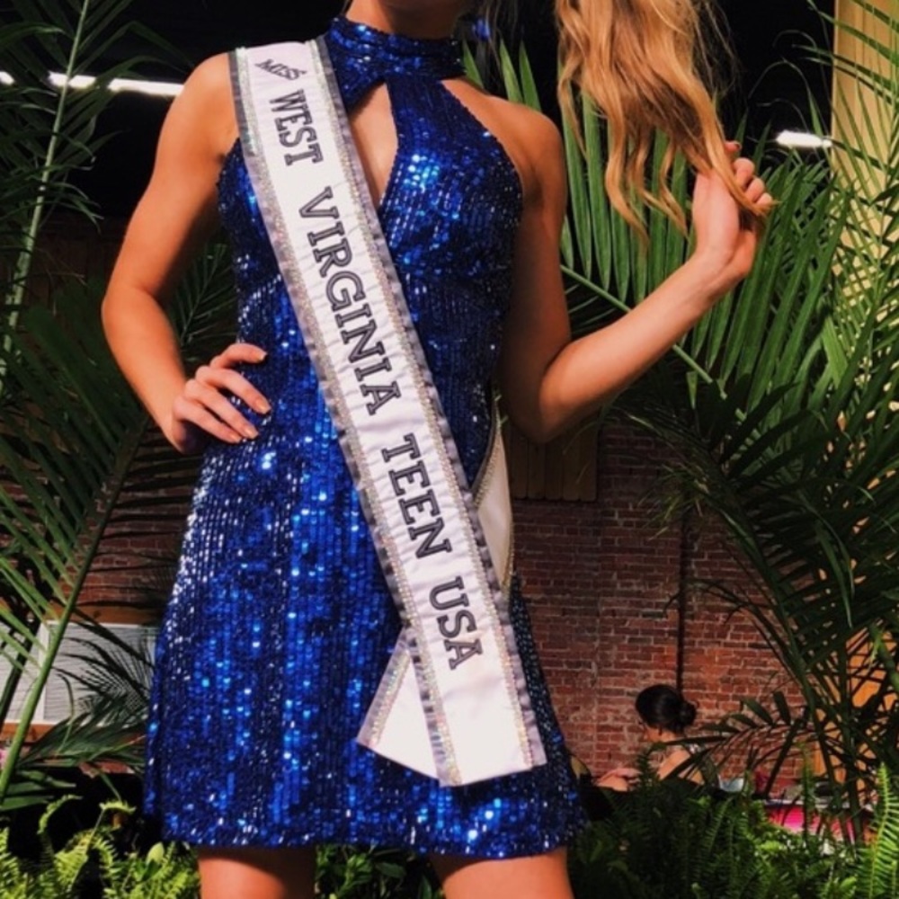 Sherri Hill Blue Halter Sequin Dress 51354